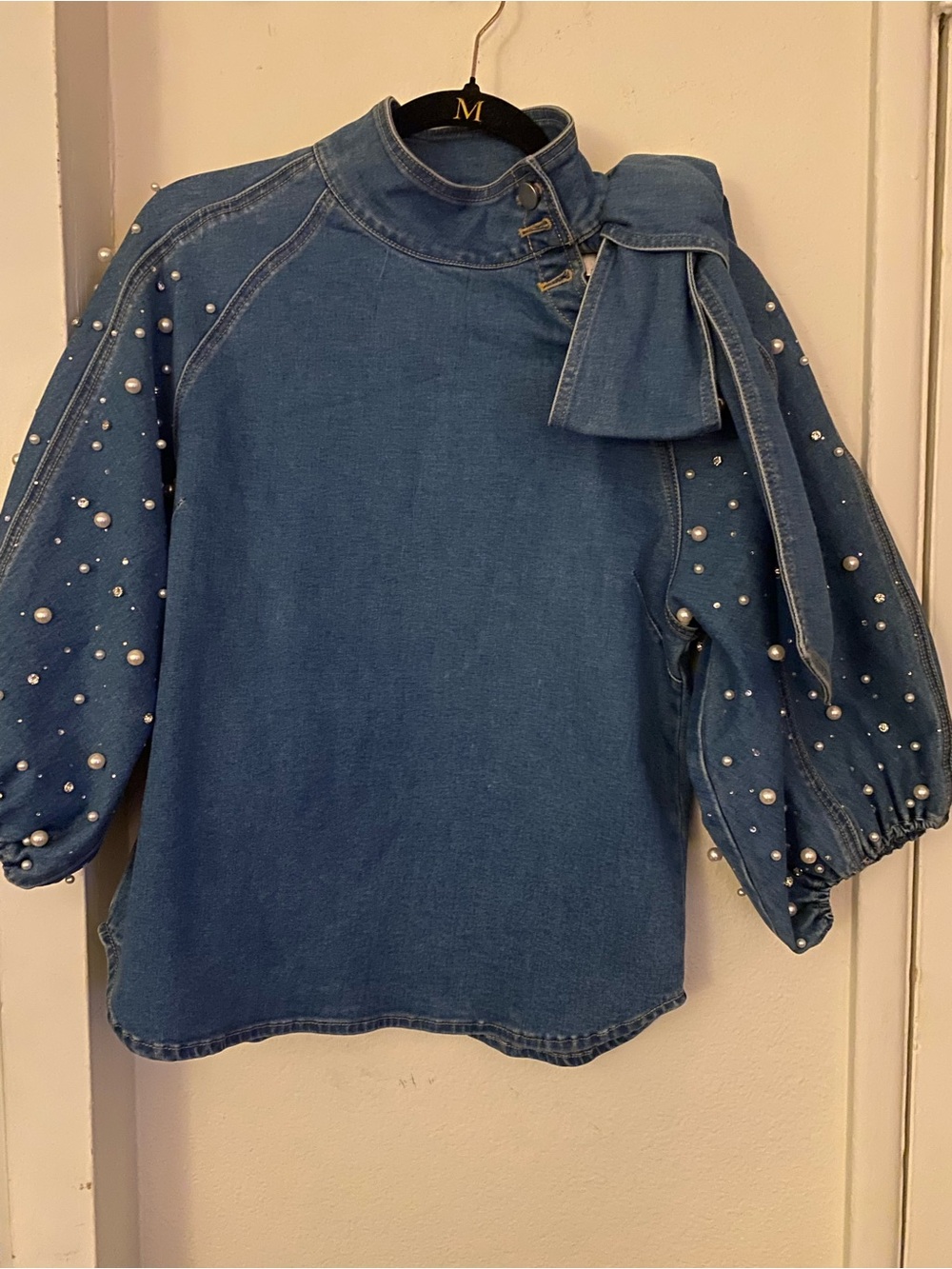 Denim Pearl-Embellished Ladies Top with Bow Detail